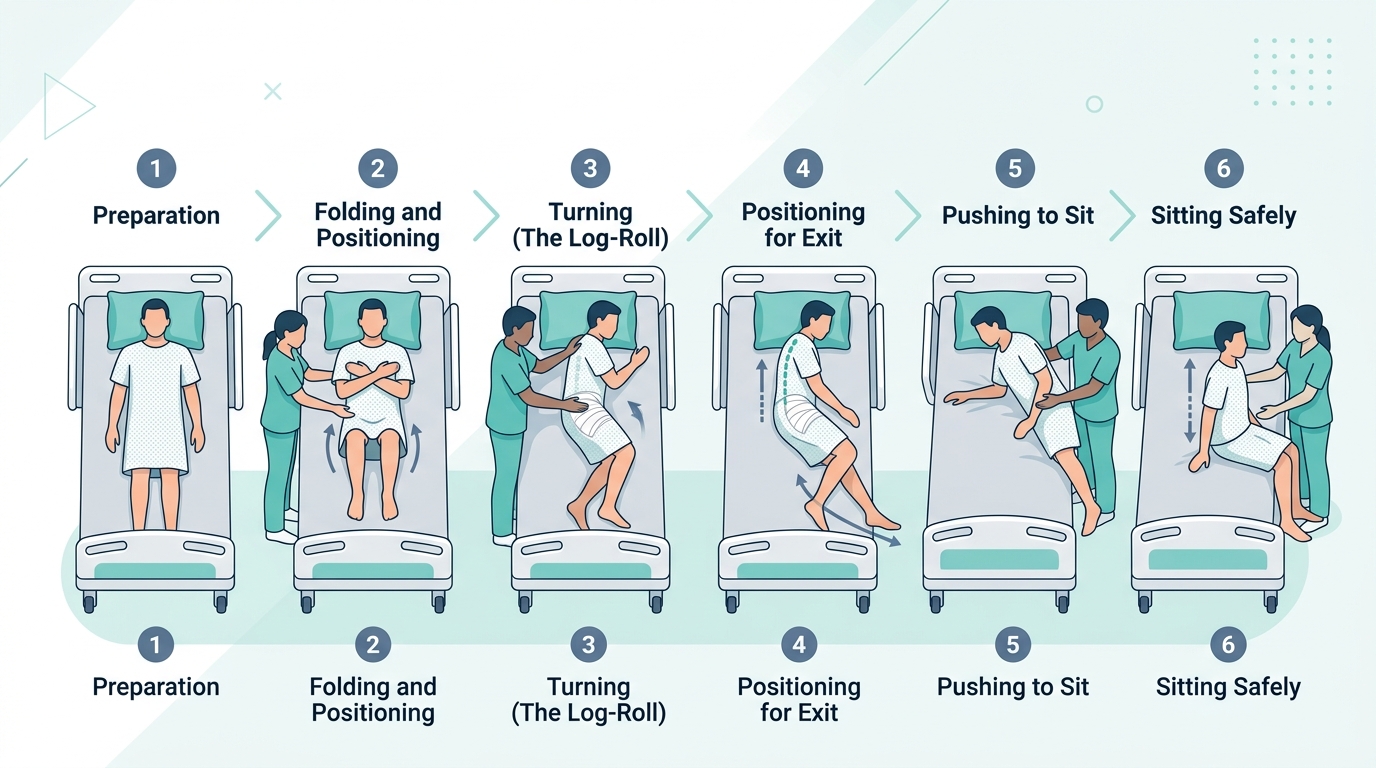 Step by step log-roll technique for getting out of bed after hernia surgery